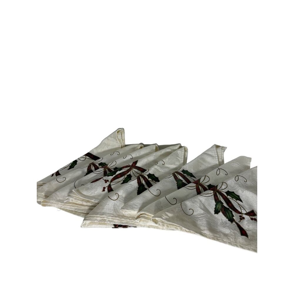 Set Of 8 Embroidered Ivory Christmas Napkins With Holly & Ribbon Design